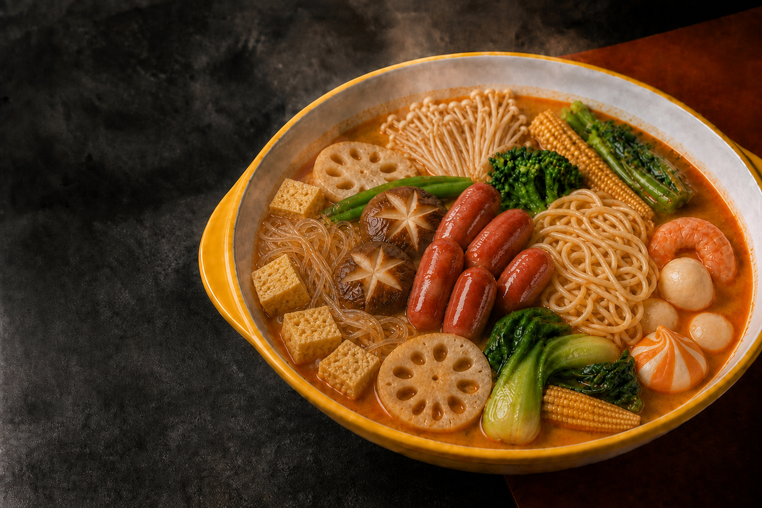 A steaming bowl of malatang filled with vegetables, tofu, noodles, and sliced beef